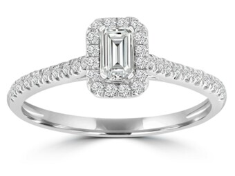 White Gold Emerald Cut and Brilliant Round Natural Diamond Ring