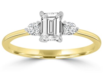 Yellow Gold Emerald Cut & Brilliant Round Natural Mined Diamond Ring