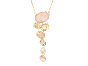 NANIS Tapered Pendant in Rutilated Quartz, Mother of Pearl & Pink Jade